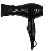 A black Sinelco Dreox Mini hair dryer with a power cord, viewed from the side.