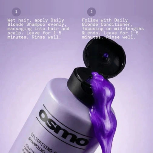 A bottle of Osmo Silvervisaging Shampoo with a large swirl of purple conditioner dripping from the open cap, set against a lavender background with two-step usage instructions.