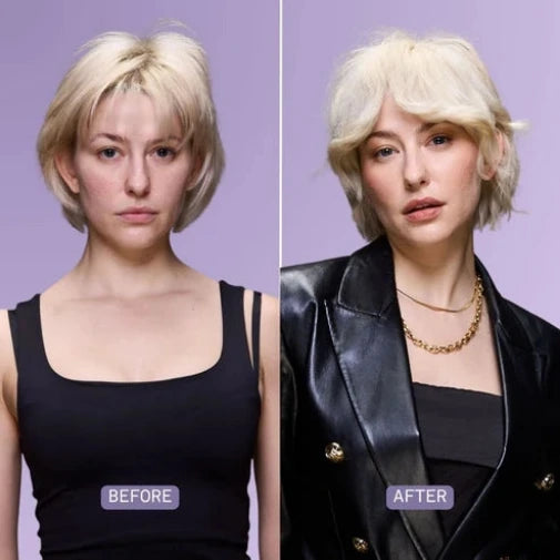 Before and after comparison of a person with blonde hair against a purple background