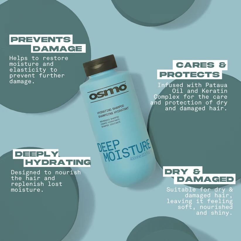 Osmo Deep Moisture shampoo bottle on a light blue background with text about hair care benefits.
