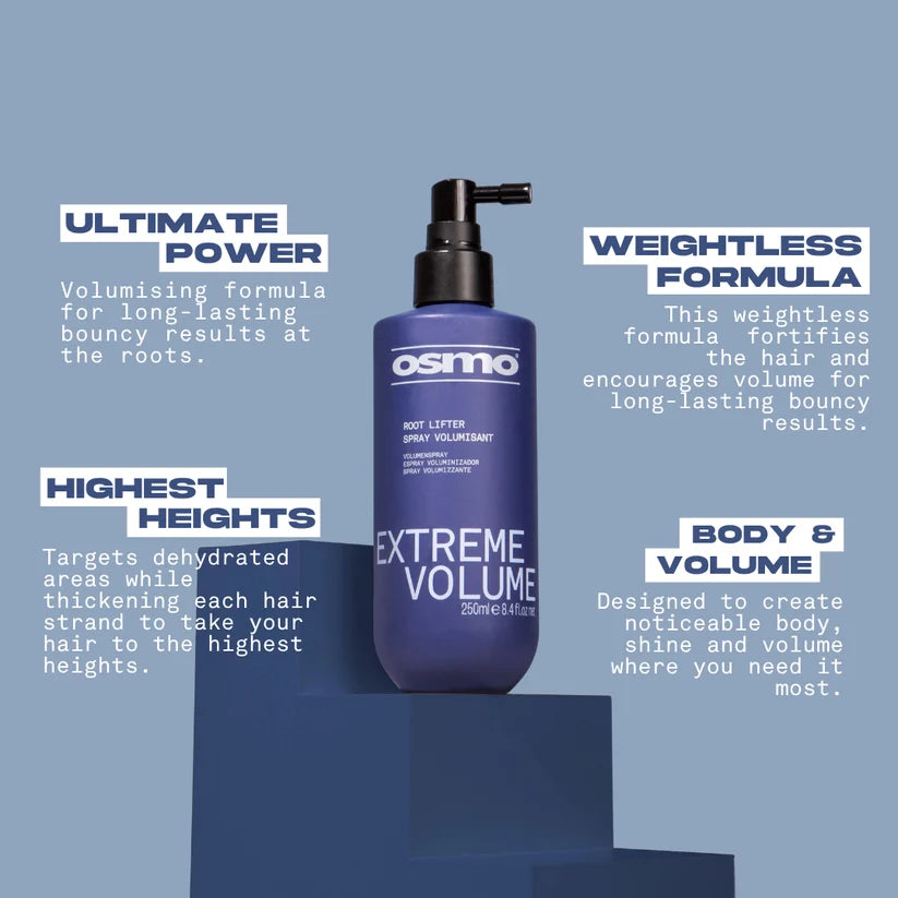 Osmo Extreme Volume hair product with descriptive text on a blue background