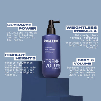 Osmo Extreme Volume hair product with descriptive text on a blue background