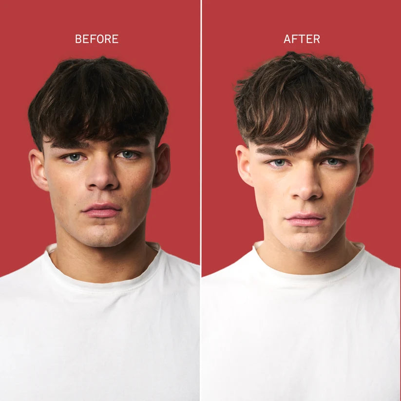 A side-by-side before/after comparison of a man's hairstyle, showing a short 
 hair transformation after using Osmo Matte Clay Extreme, against a solid red background with white text labels.