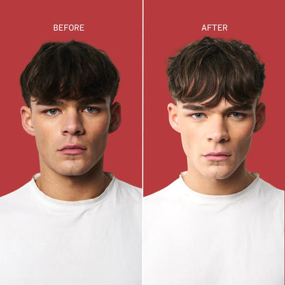 A side-by-side before/after comparison of a man's hairstyle, showing a short 
 hair transformation after using Osmo Matte Clay Extreme, against a solid red background with white text labels.