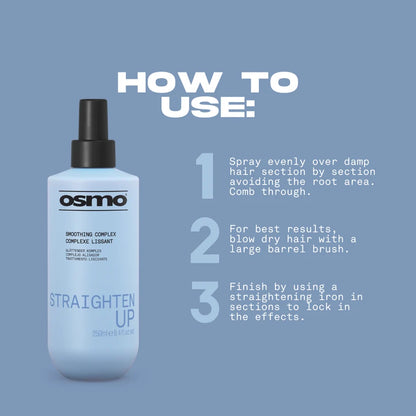 A bottle of Osmo Straighten Up smoothing complex is shown on a dusty blue background with large white text reading 'HOW TO USE:' and three numbered usage instructions beside it.