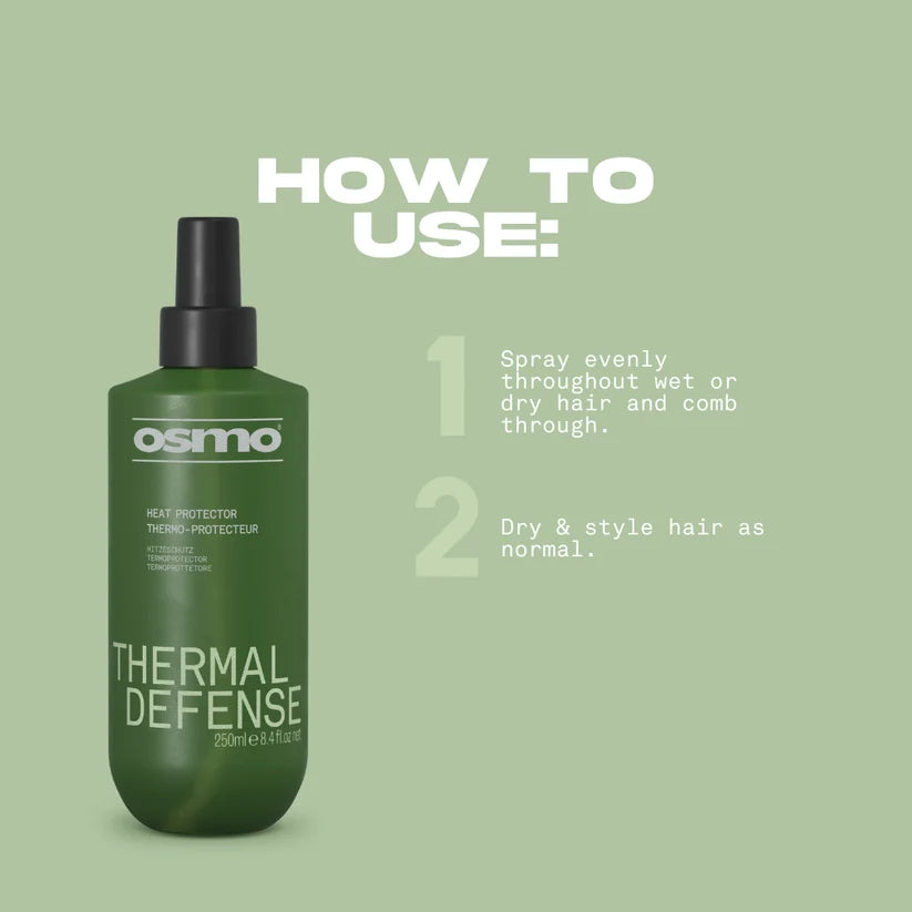 Osmo Thermal Defense hair product with usage instructions on a green background
