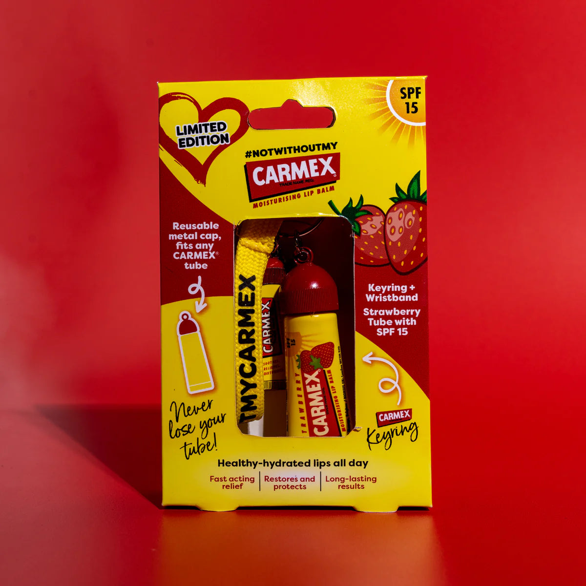 Carmex Strawberry Tube Keyring Gift Set – Lip Balm, Keyring & Wristband