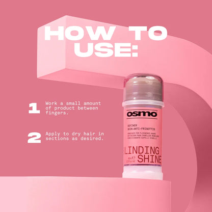An instructional graphic with a pink background showing a bottle of Osmo Dryning Shine hair product. Large white text reads 'HOW TO USE:' with two numbered steps on the left and the bottle on the right.