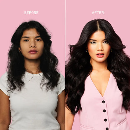 Before and after comparison of a woman with styled hair against a pink background