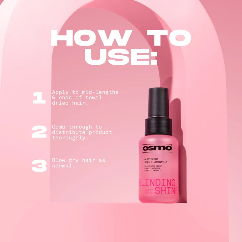 Pink hair serum bottle with usage instructions on a pink background