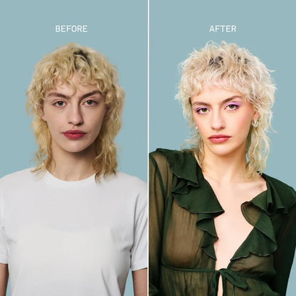 Before and after comparison of a person with blonde hair against a blue background after using Osmo Deep Moisture