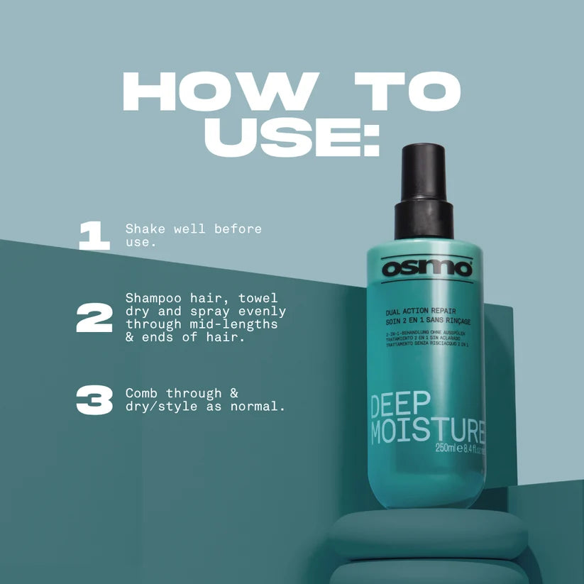 Osmo Deep Moisture hair product with usage instructions on a blue background