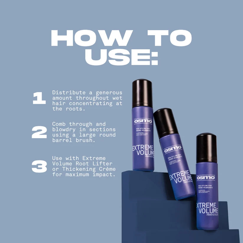 Osmo Extreme Volume hair product with usage instructions on a blue background