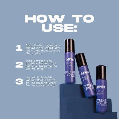 Osmo Extreme Volume hair product with usage instructions on a blue background