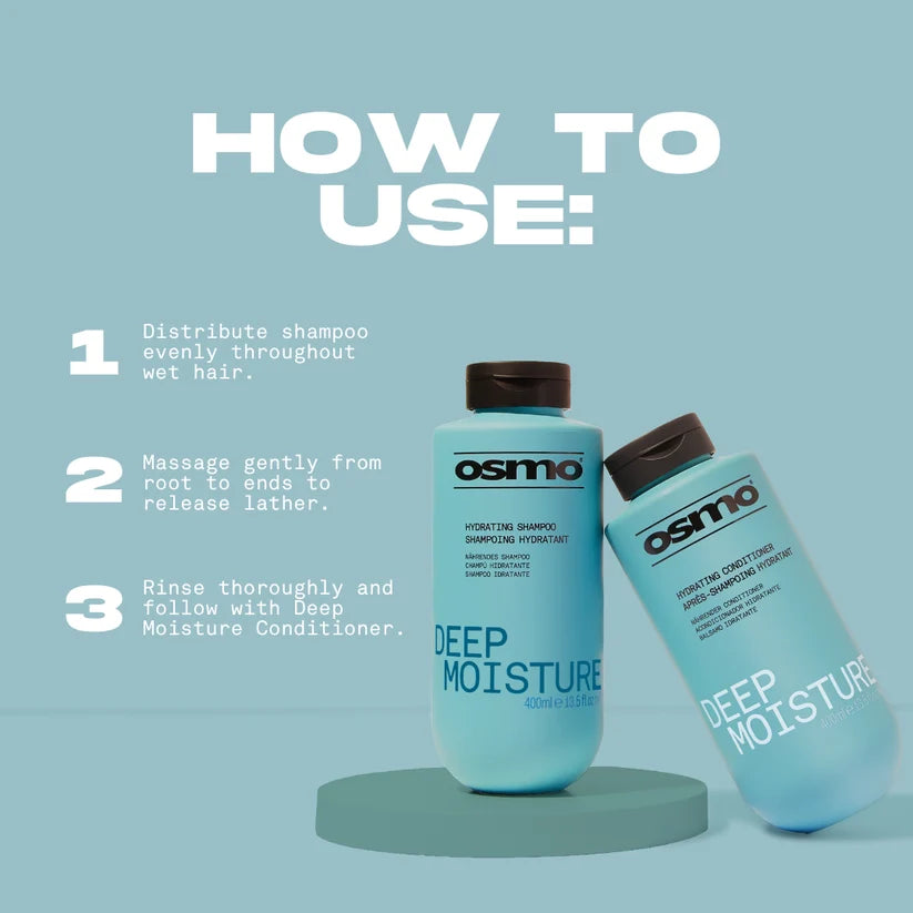 Osmo shampoo and conditioner bottles with usage instructions on a light blue background