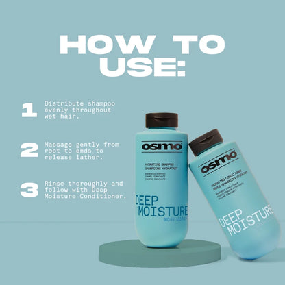 Osmo shampoo and conditioner bottles with usage instructions on a light blue background