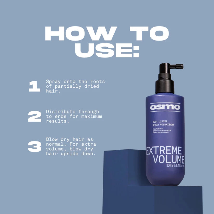 Osmo Extreme Volume hair spray bottle with usage instructions on a blue background