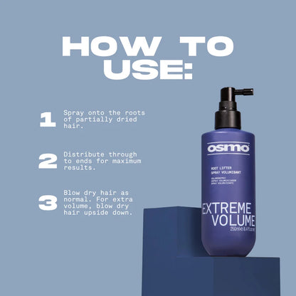 Osmo Extreme Volume hair spray bottle with usage instructions on a blue background