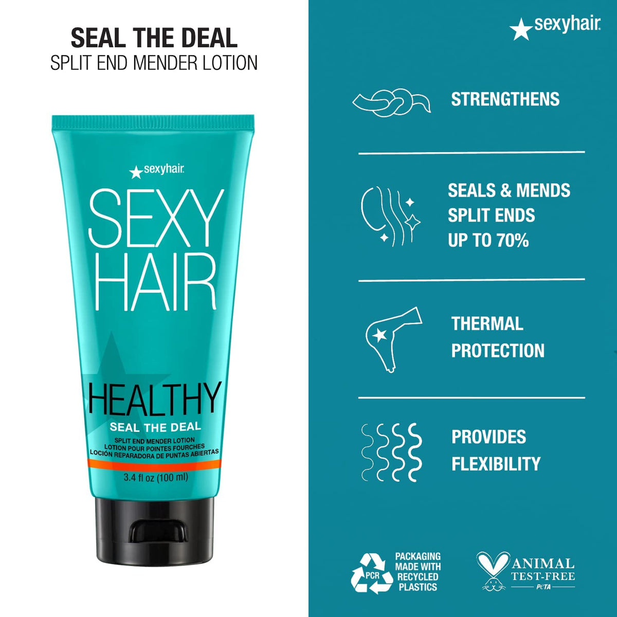 Tube of Sexy Hair Split End Mender Lotion with product details on a teal background