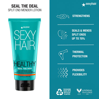 Tube of Sexy Hair Split End Mender Lotion with product details on a teal background