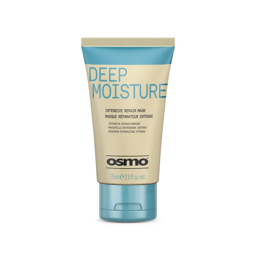 A 75ml squeeze tube of Osmo Deep Moisture Intensive Repair Mask, featuring a beige body with a light blue top band and cap, on a clean white background.