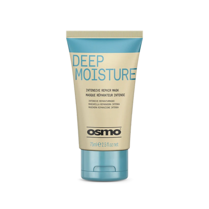 A 75ml squeeze tube of Osmo Deep Moisture Intensive Repair Mask, featuring a beige body with a light blue top band and cap, on a clean white background.