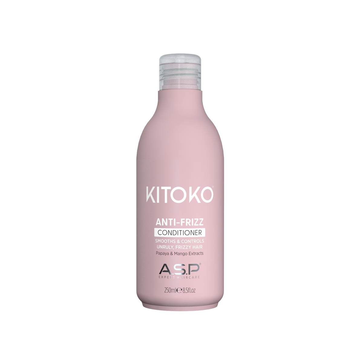 A 200ml bottle of KITOKO Anti-Fritz Conditioner by ASP Beauty, featuring a matte dusty pink bottle and a clear cap, centered on a plain white background.