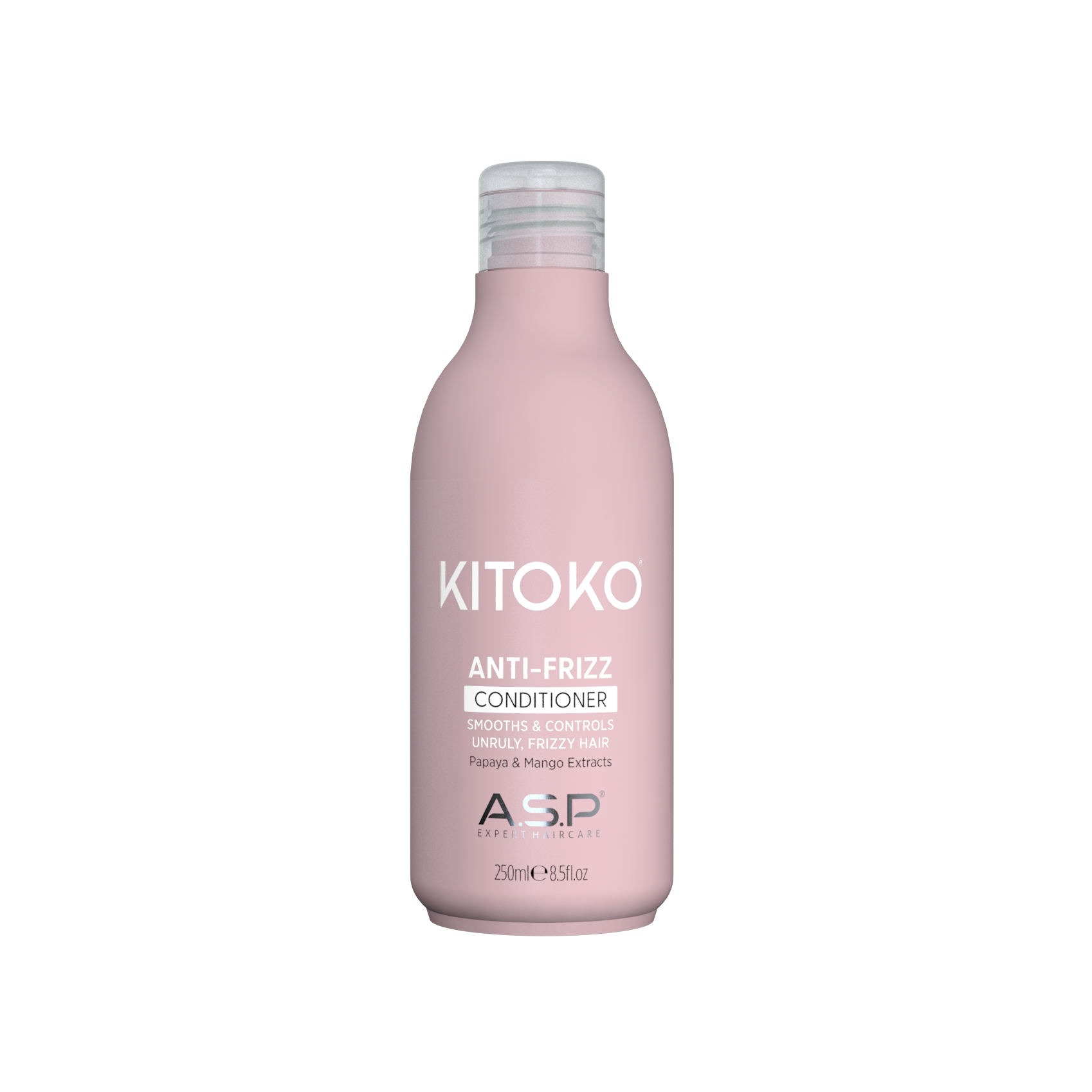 A 200ml bottle of KITOKO Anti-Fritz Conditioner by ASP Beauty, featuring a matte dusty pink bottle and a clear cap, centered on a plain white background.