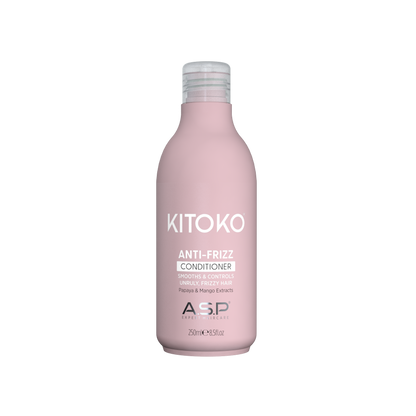 A 200ml bottle of KITOKO Anti-Fritz Conditioner by ASP Beauty, featuring a matte dusty pink bottle and a clear cap, centered on a plain white background.