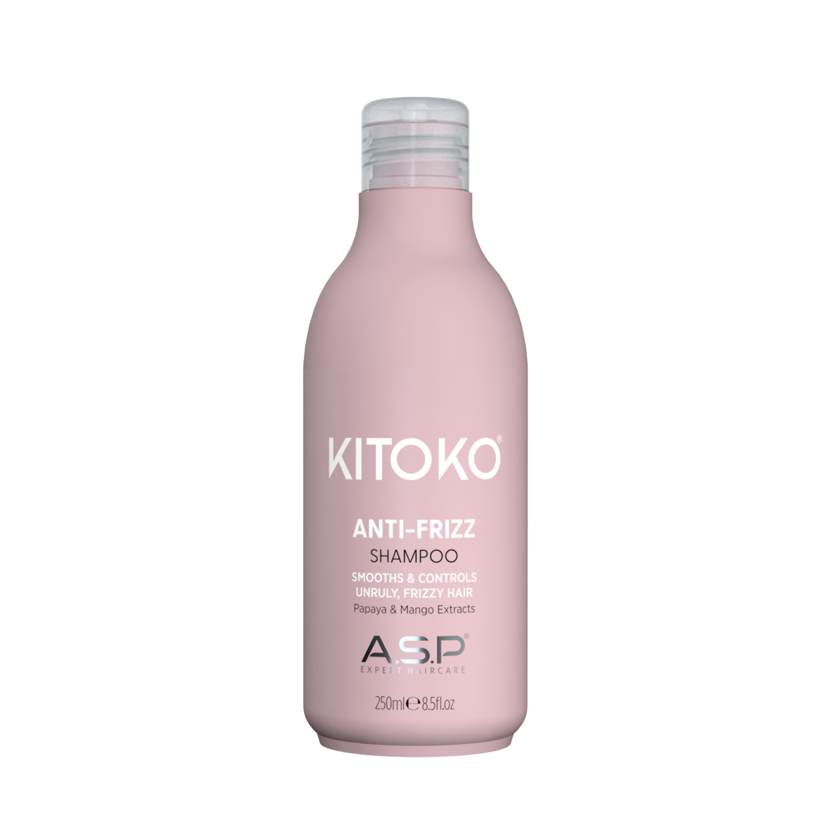 A 200ml bottle of KITOKO Anti-Frizz Shampoo by ASP Beauty, featuring a matte dusty pink bottle and a clear cap, centered on a solid white background.