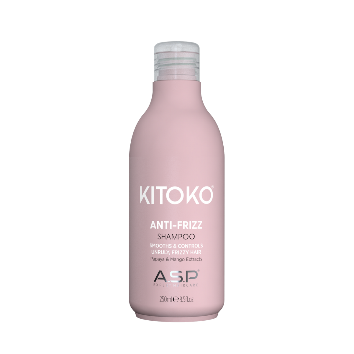 A 200ml bottle of KITOKO Anti-Frizz Shampoo by ASP Beauty, featuring a matte dusty pink bottle and a clear cap, centered on a solid white background.
