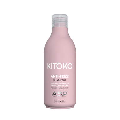 A 200ml bottle of KITOKO Anti-Frizz Shampoo by ASP Beauty, featuring a matte dusty pink bottle and a clear cap, centered on a solid white background.