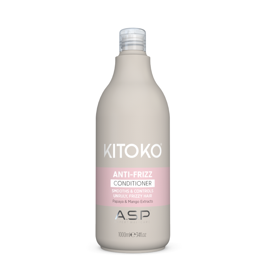 A 1000ml bottle of KITOKO Anti-Frizz Conditioner by ASP, featuring a matte taupe-gray bottle with a pink label band and white text, set against a plain white background.