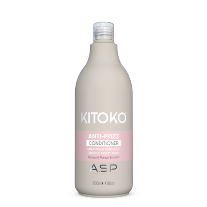A 1000ml bottle of KITOKO Anti-Frizz Conditioner by ASP, featuring a matte taupe-gray bottle with a pink label band and white text, set against a plain white background.