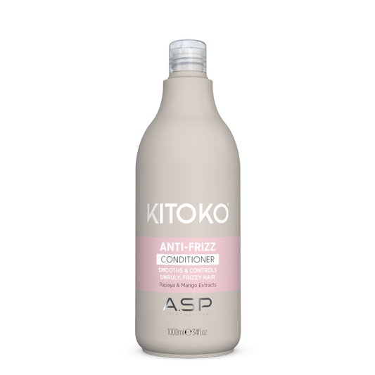 A 1000ml bottle of KITOKO Anti-Frizz Conditioner by ASP, featuring a matte taupe-gray bottle with a pink label band and white text, set against a plain white background.
