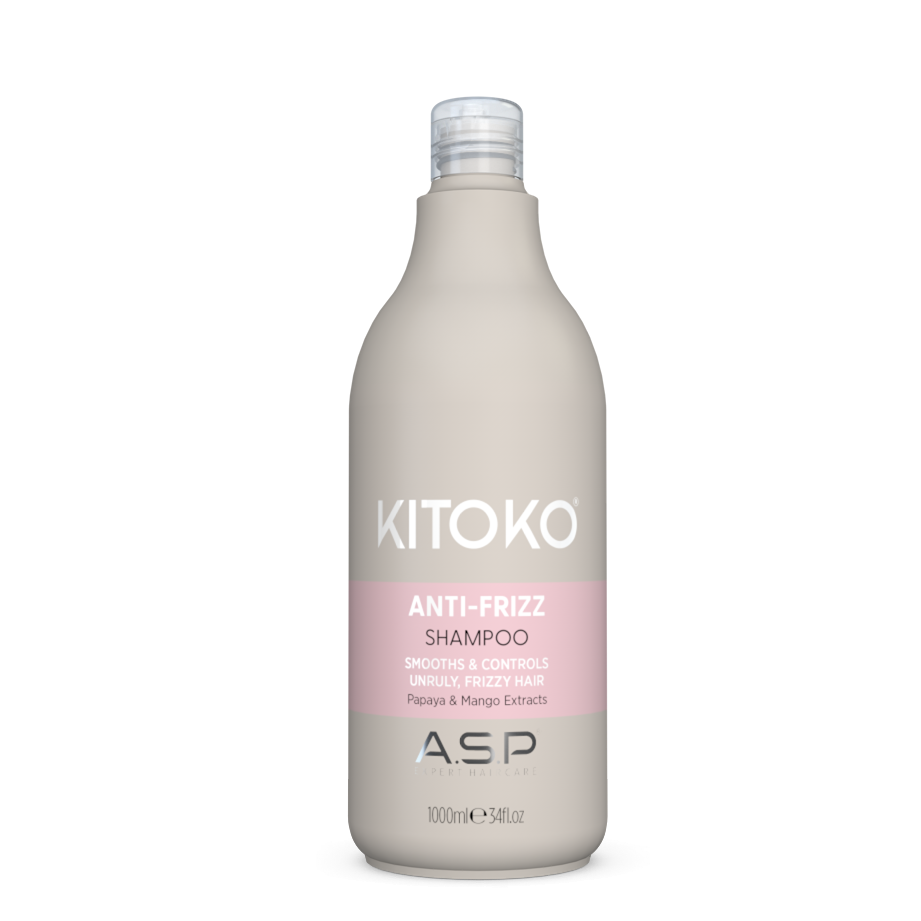 A 1000 ml bottle of KITOKO Anti-Frizz Shampoo by ASP, featuring a matte taupe-gray bottle with a light pink label band and white text, set against a plain white background.
