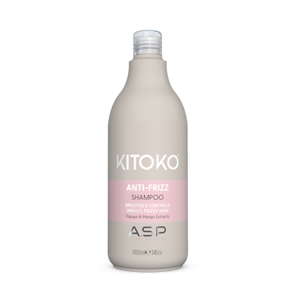 A 1000 ml bottle of KITOKO Anti-Frizz Shampoo by ASP, featuring a matte taupe-gray bottle with a light pink label band and white text, set against a plain white background.