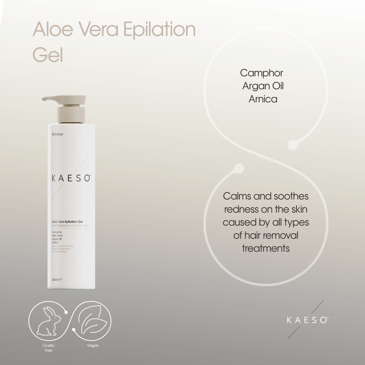 KAESO Aloe Vera Epilation Gel bottle on a light beige-to-gray gradient background with text highlighting ingredients and benefits.