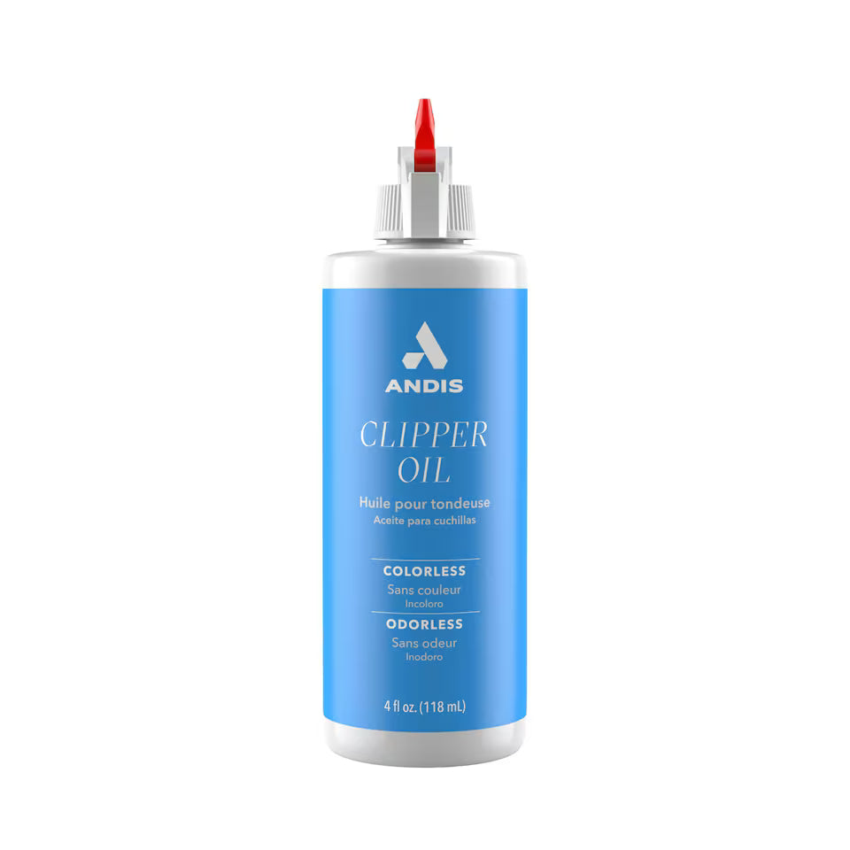 A 4 fl oz bottle of ANDIS Clipper Oil with a blue label, white bottle, and a red safety cap, shown on a plain white background.