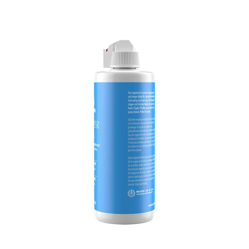 A white plastic bottle of AOD Spring Power with a blue label, shown from a side/back angle on a solid white background.