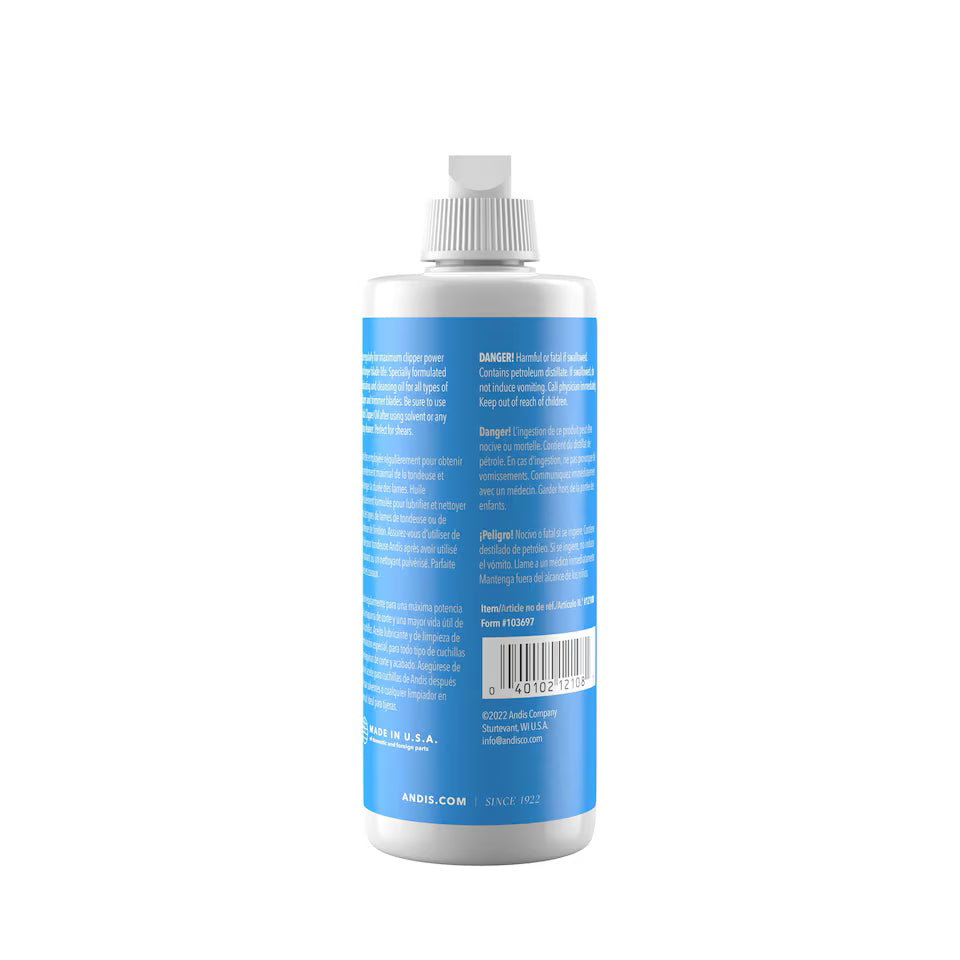 Bottle with blue label and white cap on a white background of Andis Clipper Oil 
