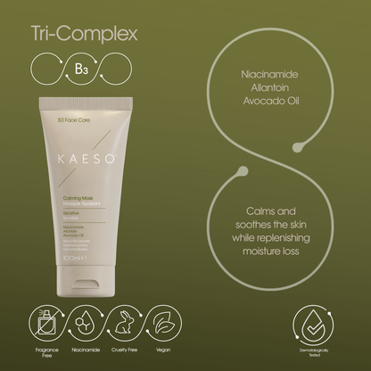 KAESO Tri-Complex B3 Facial Care Creaming Mask tube on an olive green background with product feature callouts and icons.