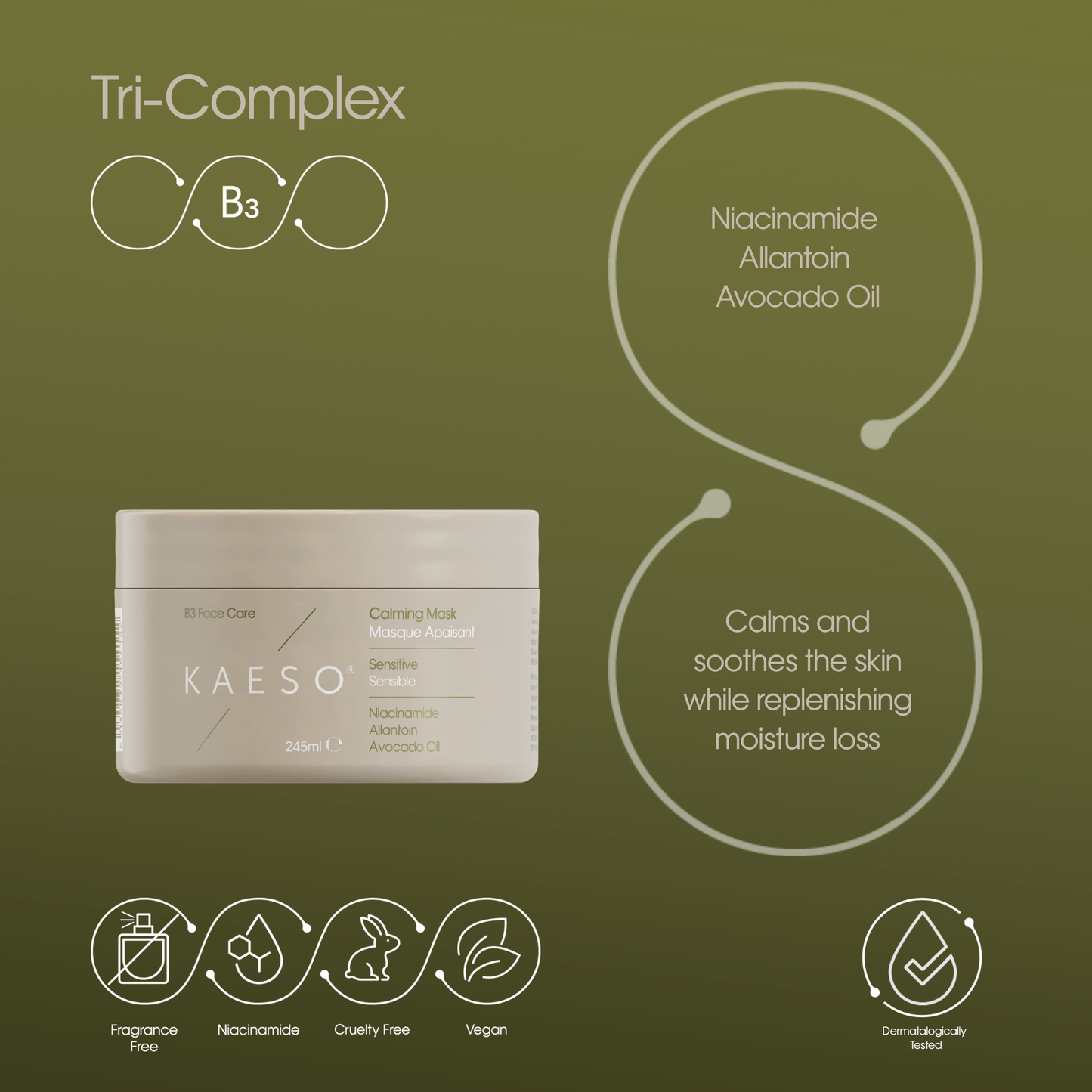 KAESO Tri-Complex B3 Calming Mask Natural Appliance in a beige jar, set against an olive green background with white text detailing its ingredients and benefits.