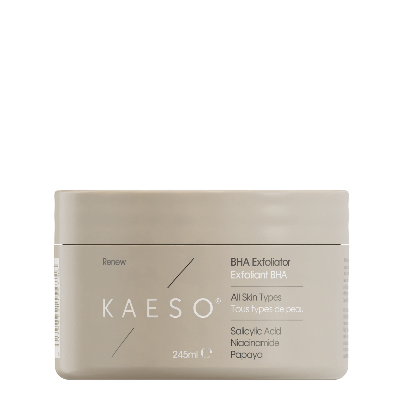 KAESO Renew BHA Exfoliator Exfoliant BHA jar in a matte taupe-beige container, shown against a plain white background.