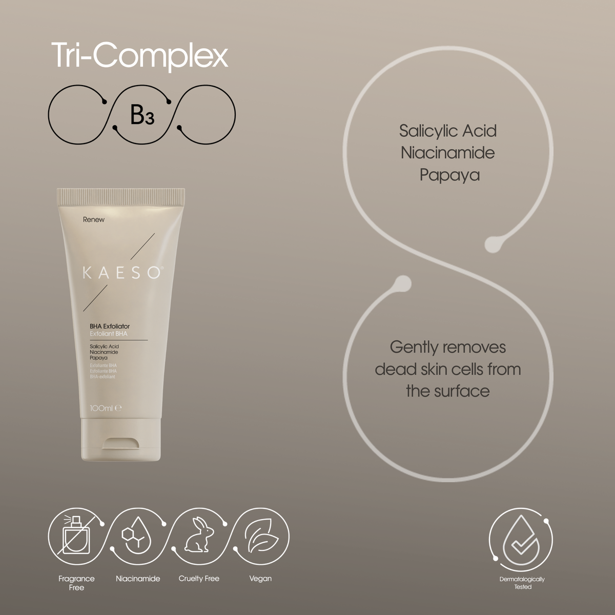 KAESO Tri-Complex B3 Skin Exfoliator in a white squeeze tube, presented on a warm taupe background with product feature callouts and icons.