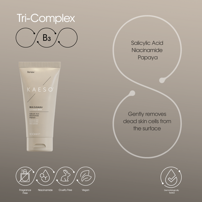 KAESO Tri-Complex B3 Skin Exfoliator in a white squeeze tube, presented on a warm taupe background with product feature callouts and icons.