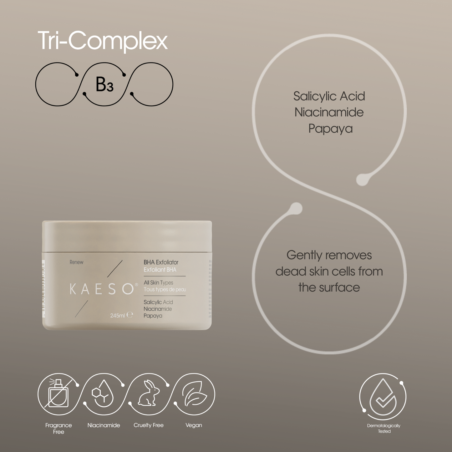 KAESO Tri-Complex B3 serum jar on a warm taupe background with text callouts about salicylic acid, niacinamide, and papaya, plus small feature icons along the bottom.
