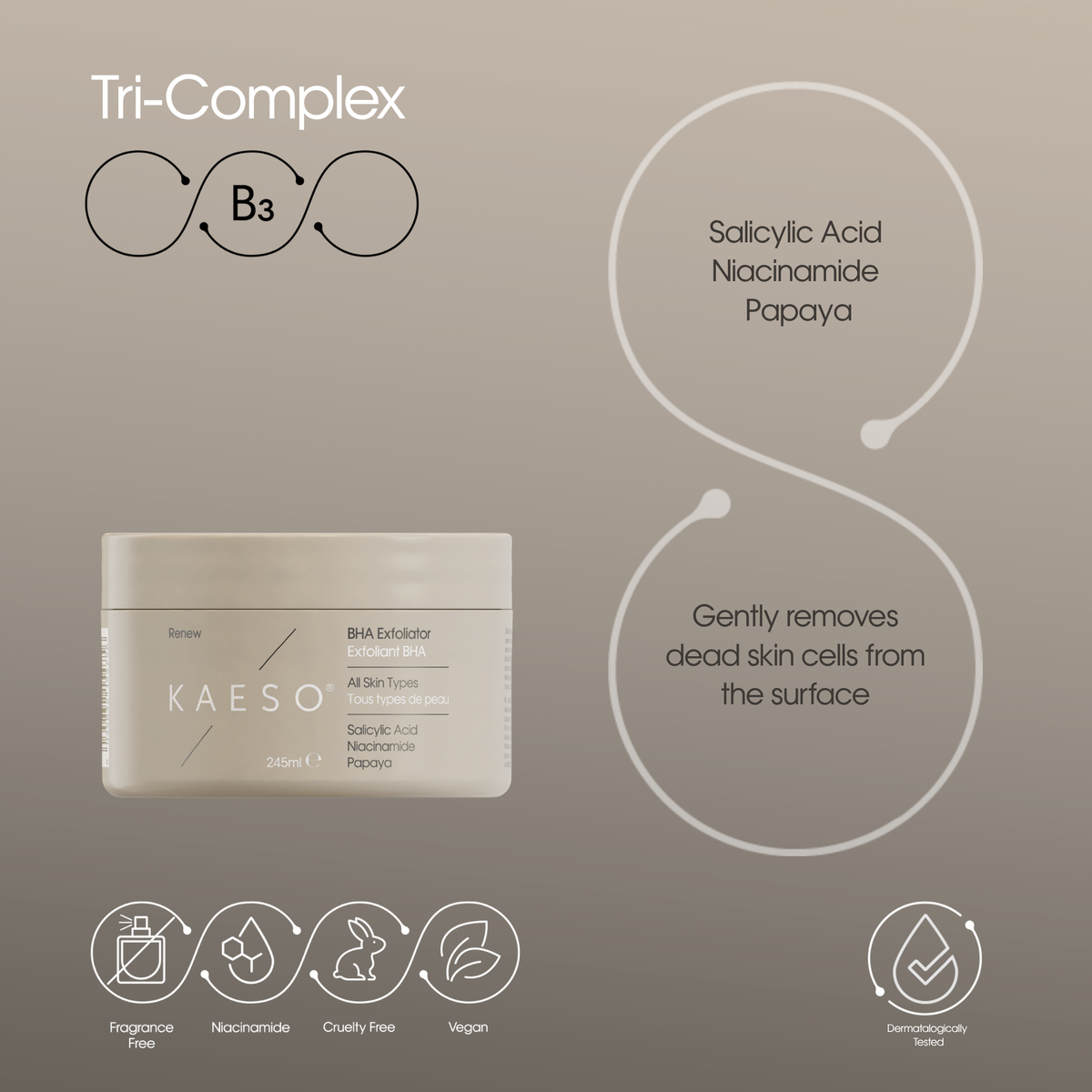 KAESO Tri-Complex B3 serum jar on a warm taupe background with text callouts about salicylic acid, niacinamide, and papaya, plus small feature icons along the bottom.