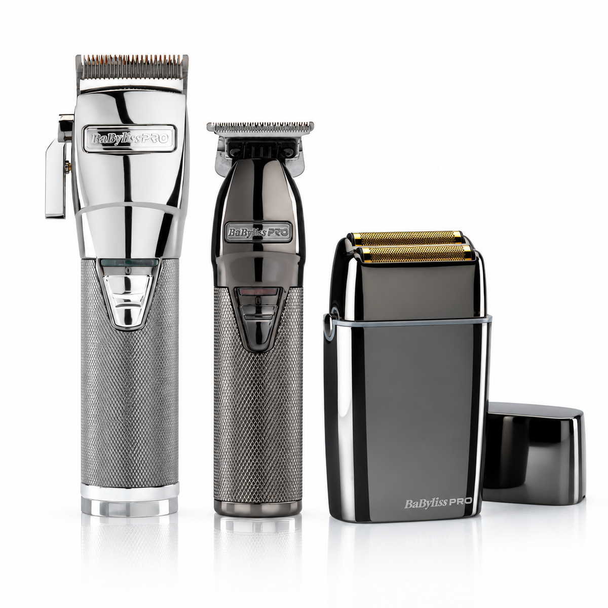 A professional grooming kit featuring a silver and gray clipper, a matching dark gray trimmer, and a black rotary shaver with its charging case and cap, all on a reflective white background.