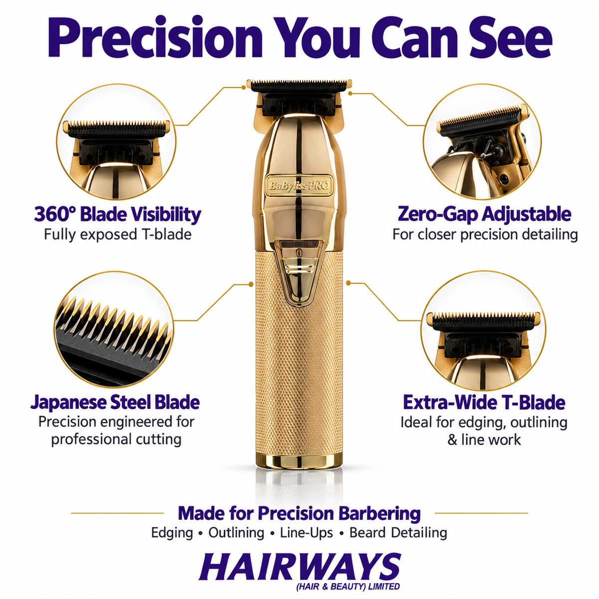 Gold and black babyliss beard trimmer shown on a white background with four callout circles and text highlighting blade visibility, zero-gap adjustment, Japanese steel blade, and extra-wide T-blade features.